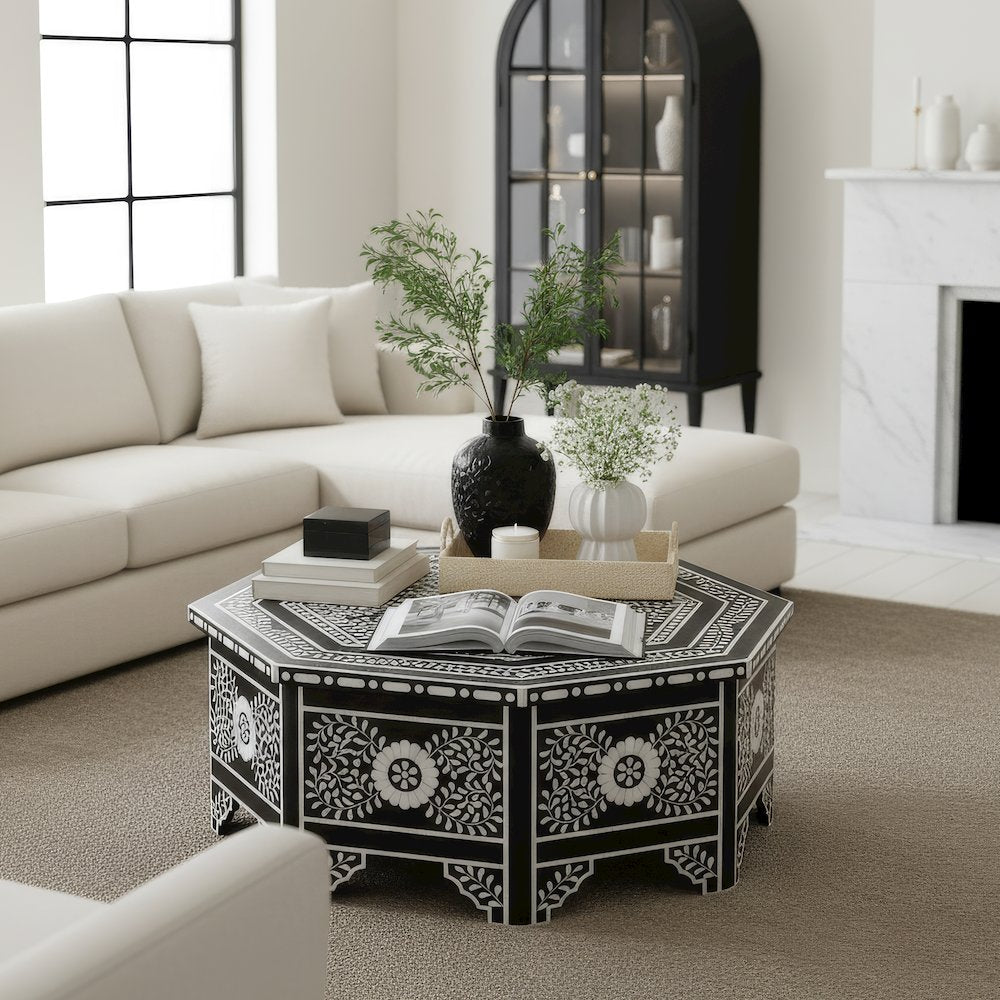 Blackwell 40.25" W Octagonal Bone In-Lay Coffee Table, Black, White