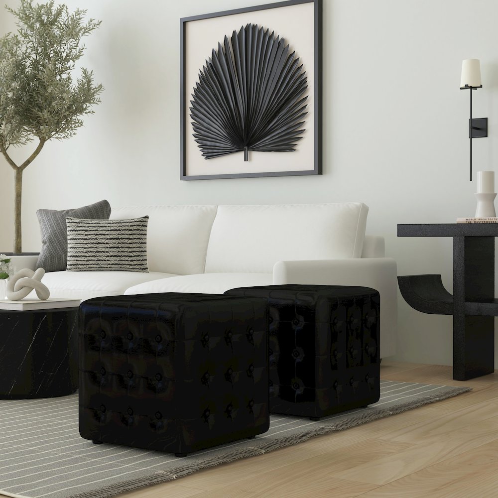 Leon Leather Cube Ottoman, Black