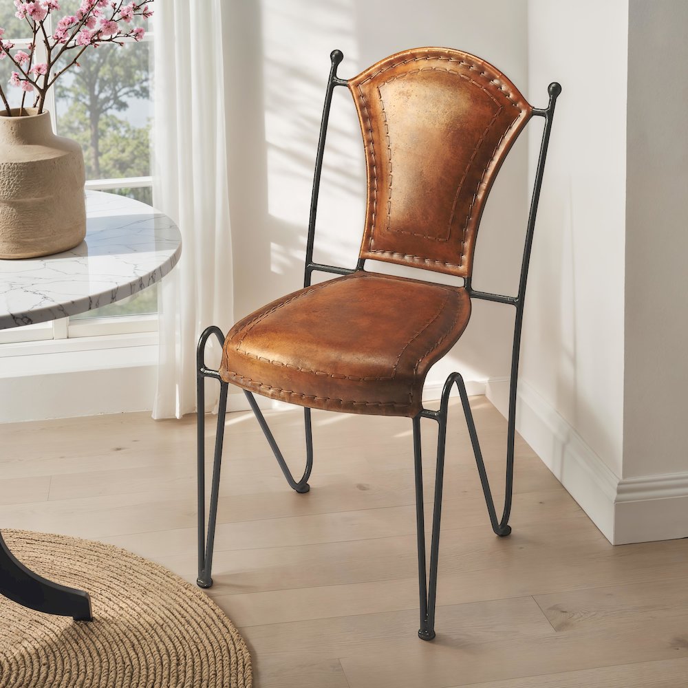 Coriander Iron & Leather Side Chair, Medium Brown