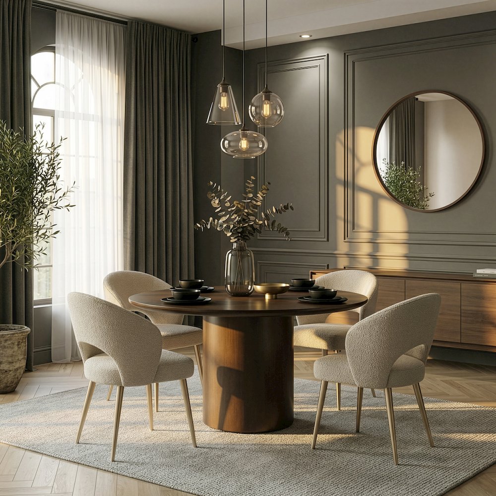 Coral 54 in. W Round Wood Pedestal Dining Table, Walnut