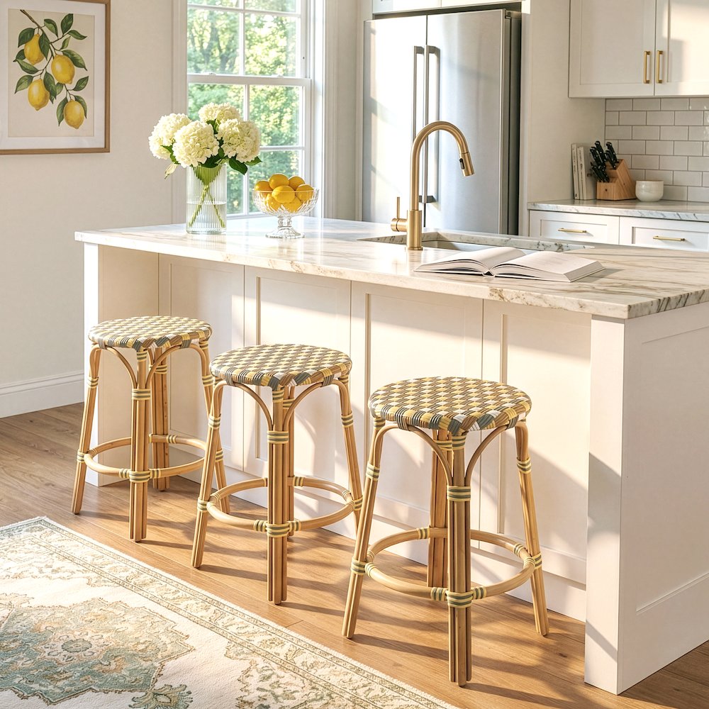Ballito 24 in. Seat Height Oval Rattan Counter Stool, Yellow and Brown