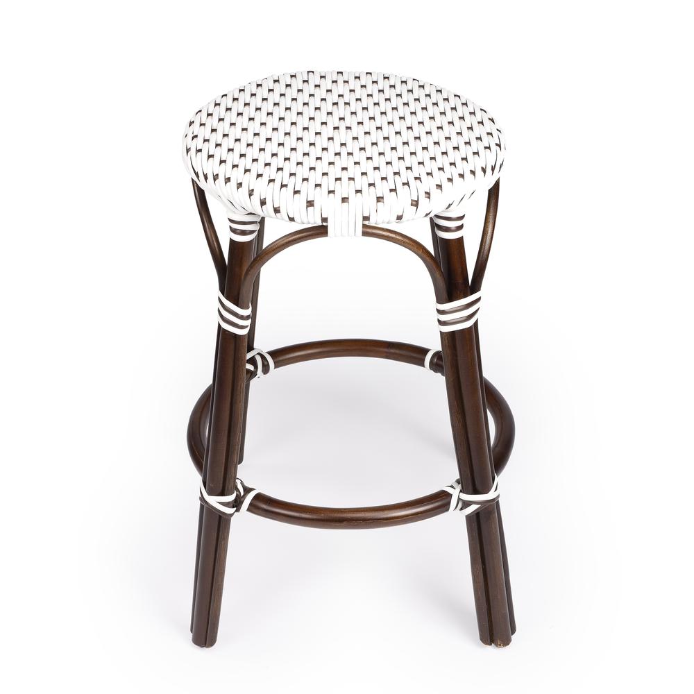 Tobias Rattan Round 24" Counter Stool, White and Brown Dot