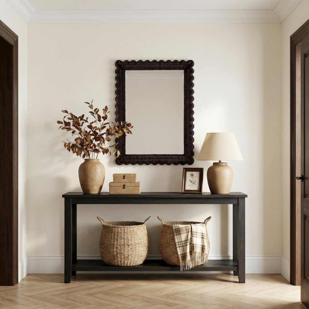 Flora 30 in. W x 40 in. H Rectangular Rattan Scalloped Edge Wall Mirror, Brown