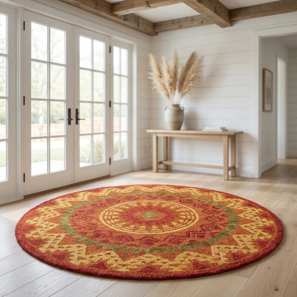 Orange/Red Round Indoor Area Rug With Transitional Style, 4-Foot Diameter