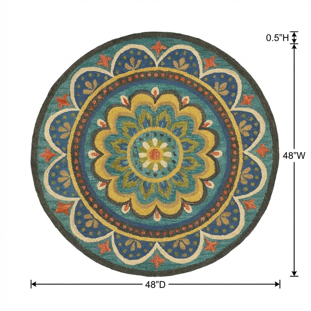 Bohemian Patterned Indoor Area Rug In Blue And Multicolored 4' Round