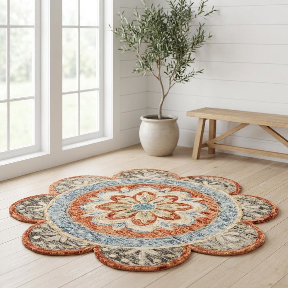 Orange Indoor Area Rug - 6' Round Classic Pattern For Living Room