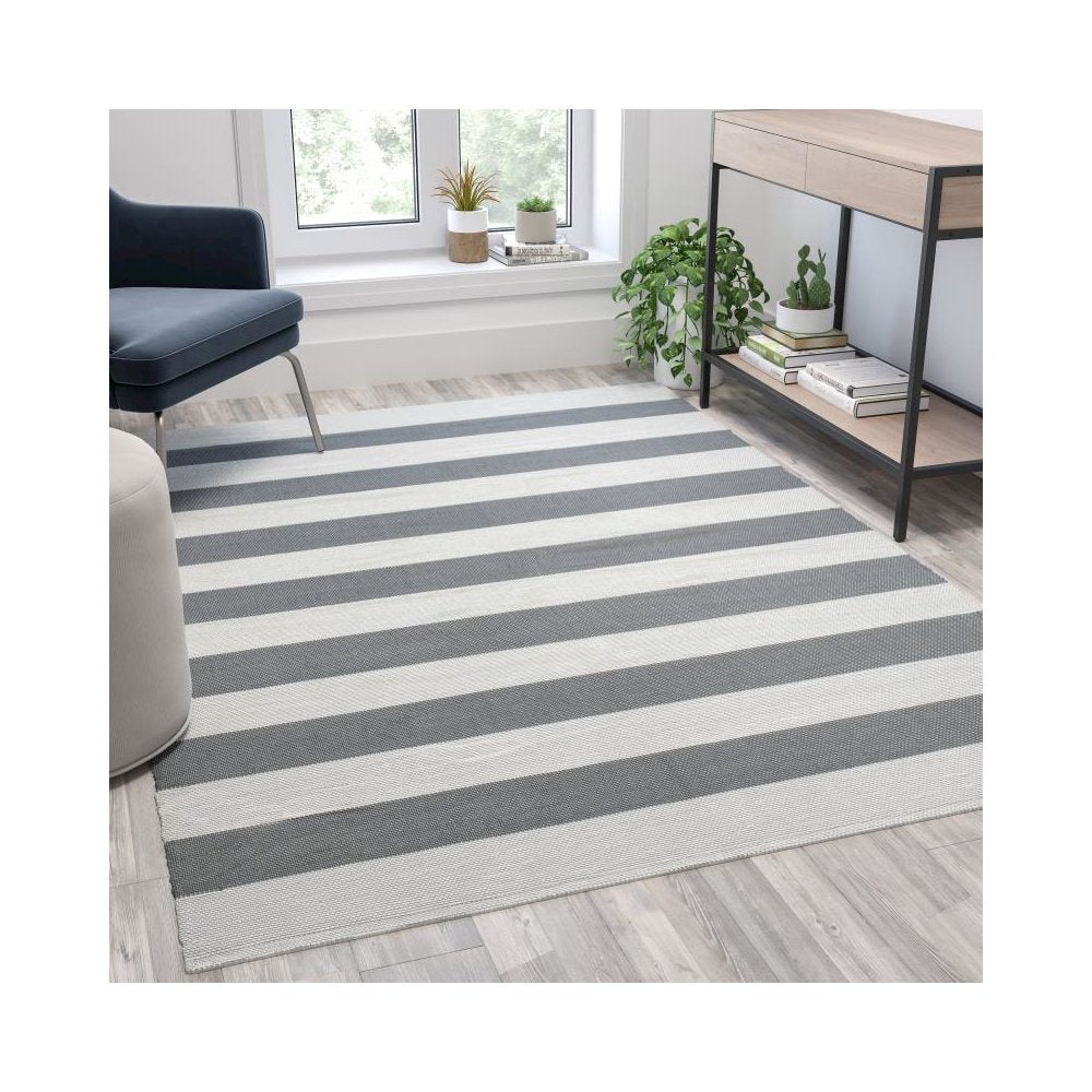 5' x 7' Grey & White Striped Handwoven Indoor/Outdoor Cabana Style Stain Resistant Area Rug