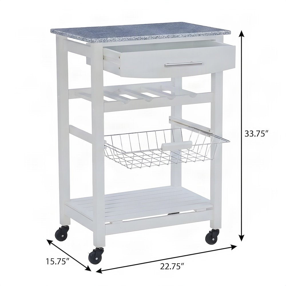 Pine Kitchen Island with Granite Top, Storage, and Wine Rack, White