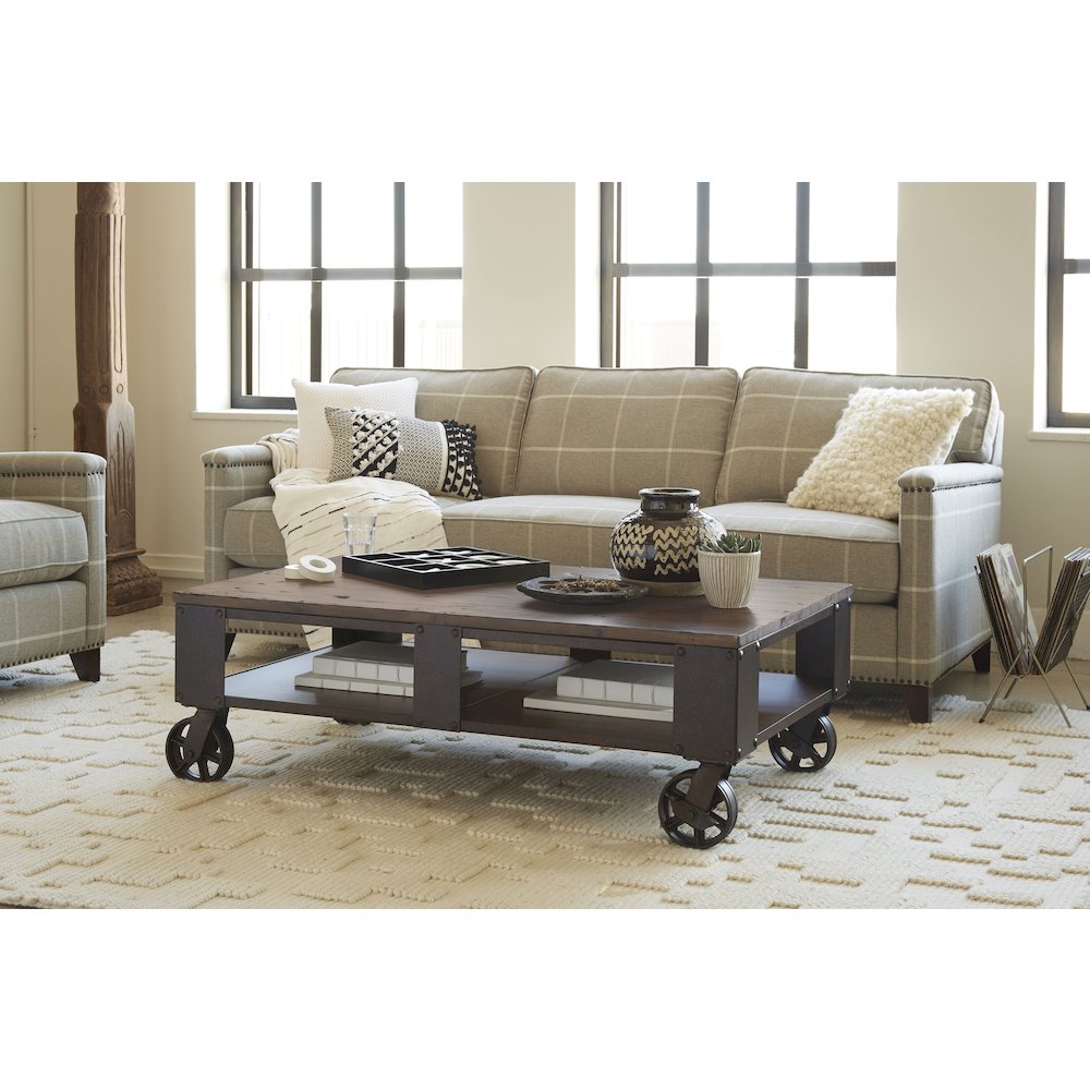 Distressed Natural Pine Rectangular Cocktail Table With 2 Braking Casters