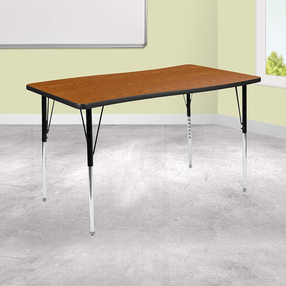 28"W x 47.5"L Rectangular Wave Flexible Collaborative Oak Thermal Laminate Activity Table - Standard Height Adjustable Legs