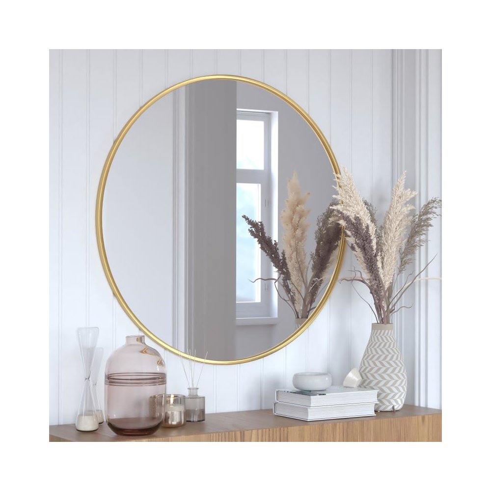 24" Round Gold Metal Framed Wall Mirror - Large Accent Mirror for Bathroom, Vanity, Entryway, Dining Room, & Living Room