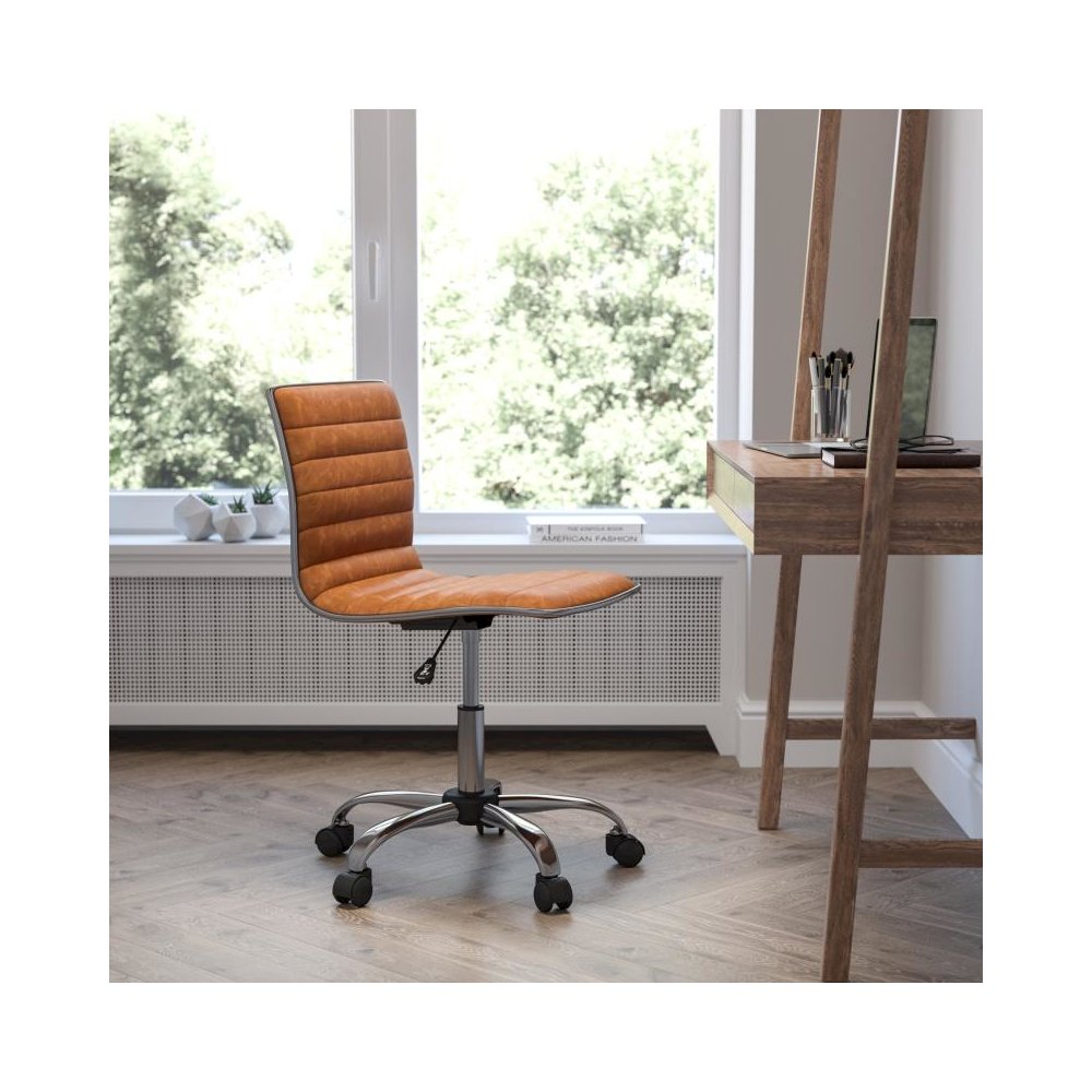 Low Back Designer Armless Brown Ribbed Swivel Task Office Chair