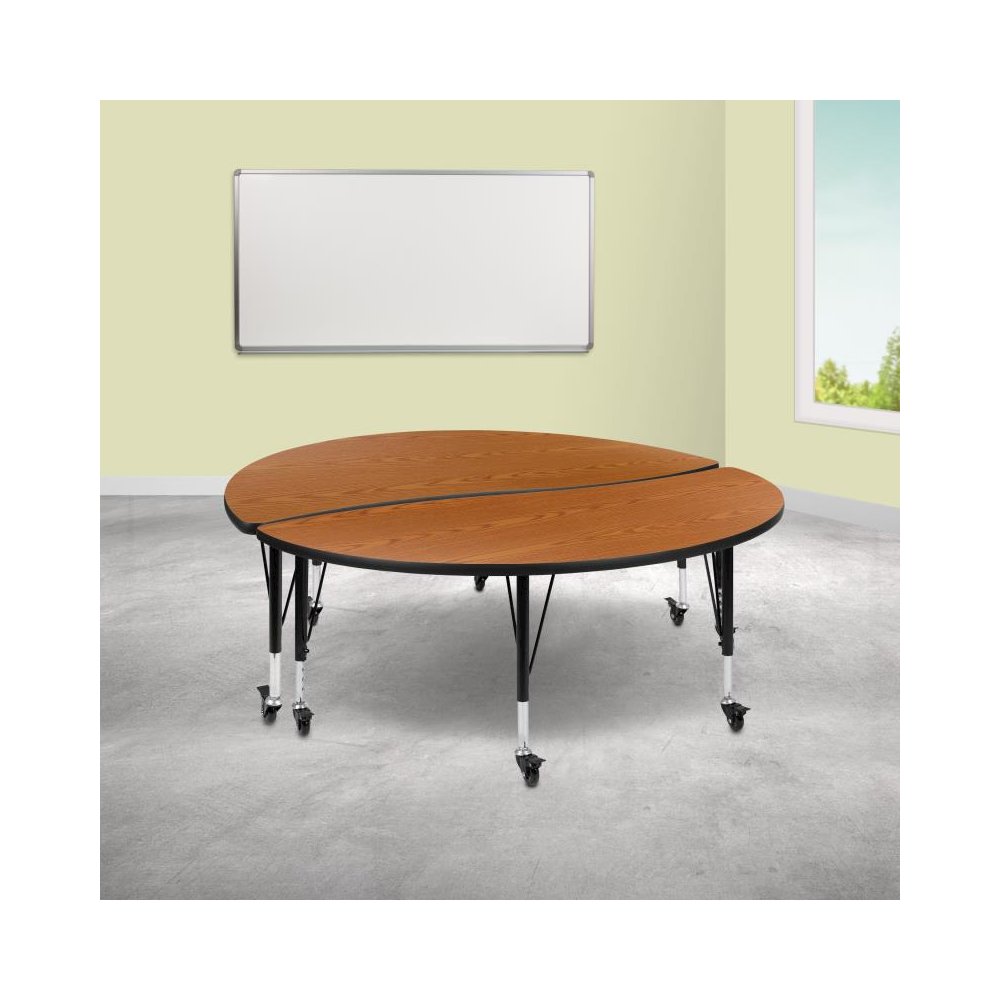 2 Piece Mobile 60" Circle Wave Flexible Oak Thermal Laminate Adjustable Activity Table Set