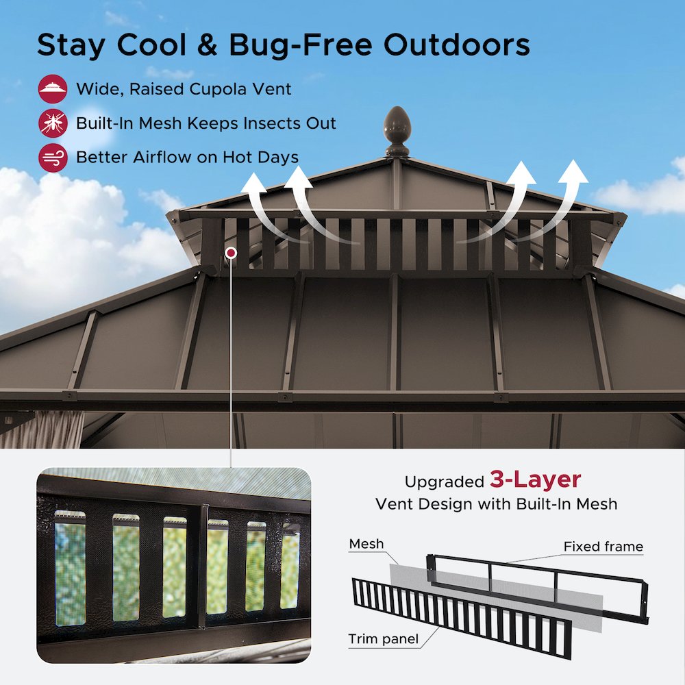 10 ft x 10 ft Hardtop Gazebo with Steel Roof, Brown Aluminum Frame