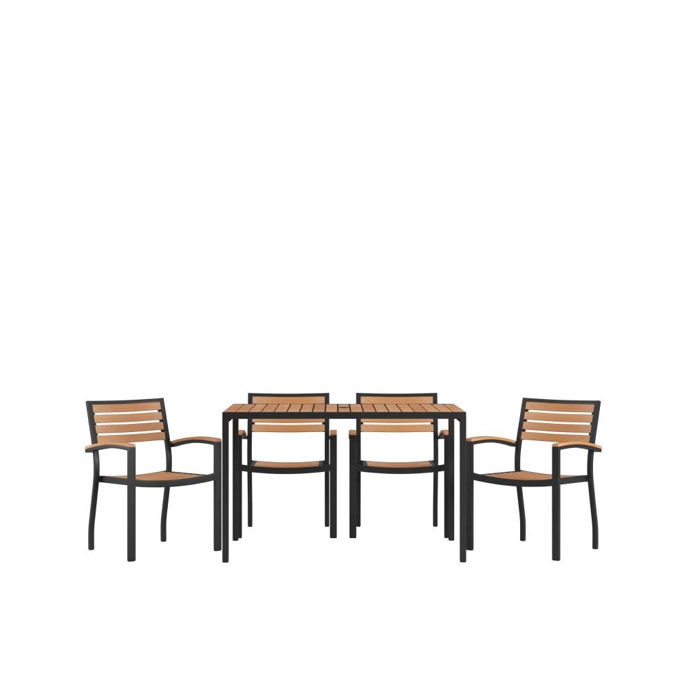 5 Piece Outdoor Dining Table Set - Synthetic Teak Poly Slats - 30" x 48" Steel Framed Table with Umbrella Hole - 4 Club Chairs