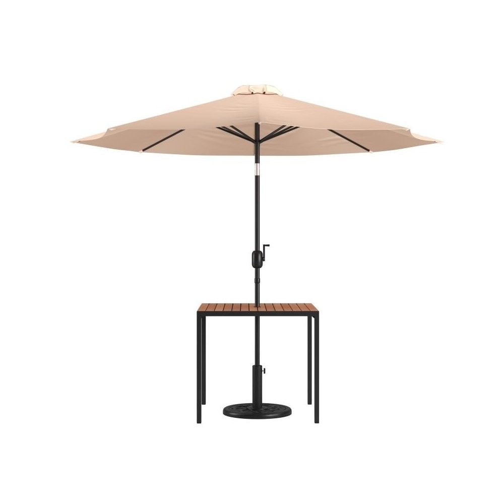 3 Piece Outdoor Patio Table Set - 35" Square Synthetic Teak Patio Table with Umbrella Hole and Tan Umbrella with Base