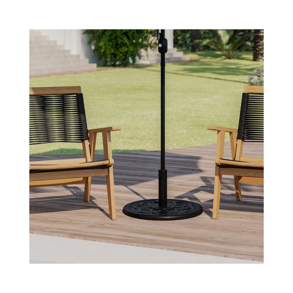 Universal Black Cement Patio Umbrella Base with Weatherproof Plastic Polymer Coating - 19.25" Diameter