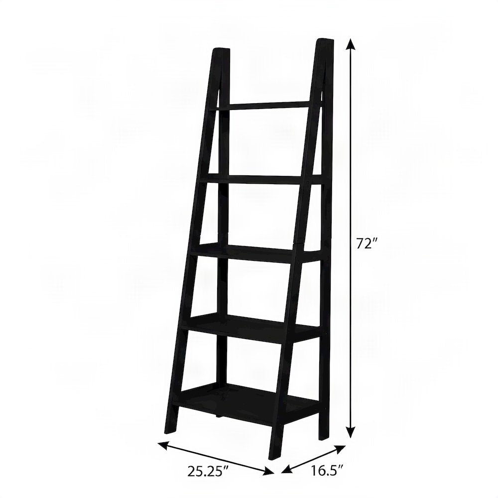 Wood Ladder Bookcase with Five Shelves, Tall Bookshelf, Black