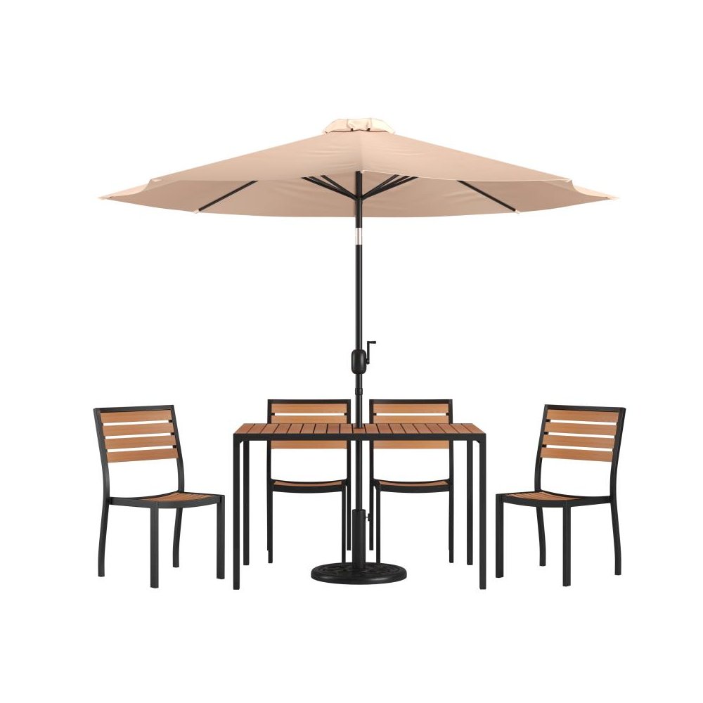 7 Piece Outdoor Patio Dining Table Set with 4 Synthetic Teak Stackable Chairs, 30" x 48" Table, Tan Umbrella & Base