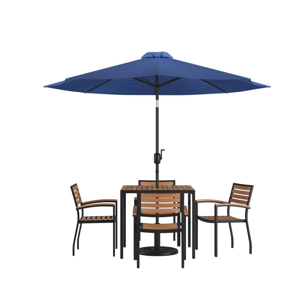 7 Piece Outdoor Patio Table Set with 4 Synthetic Teak Stackable Chairs, 35" Square Table, Navy Umbrella & Base