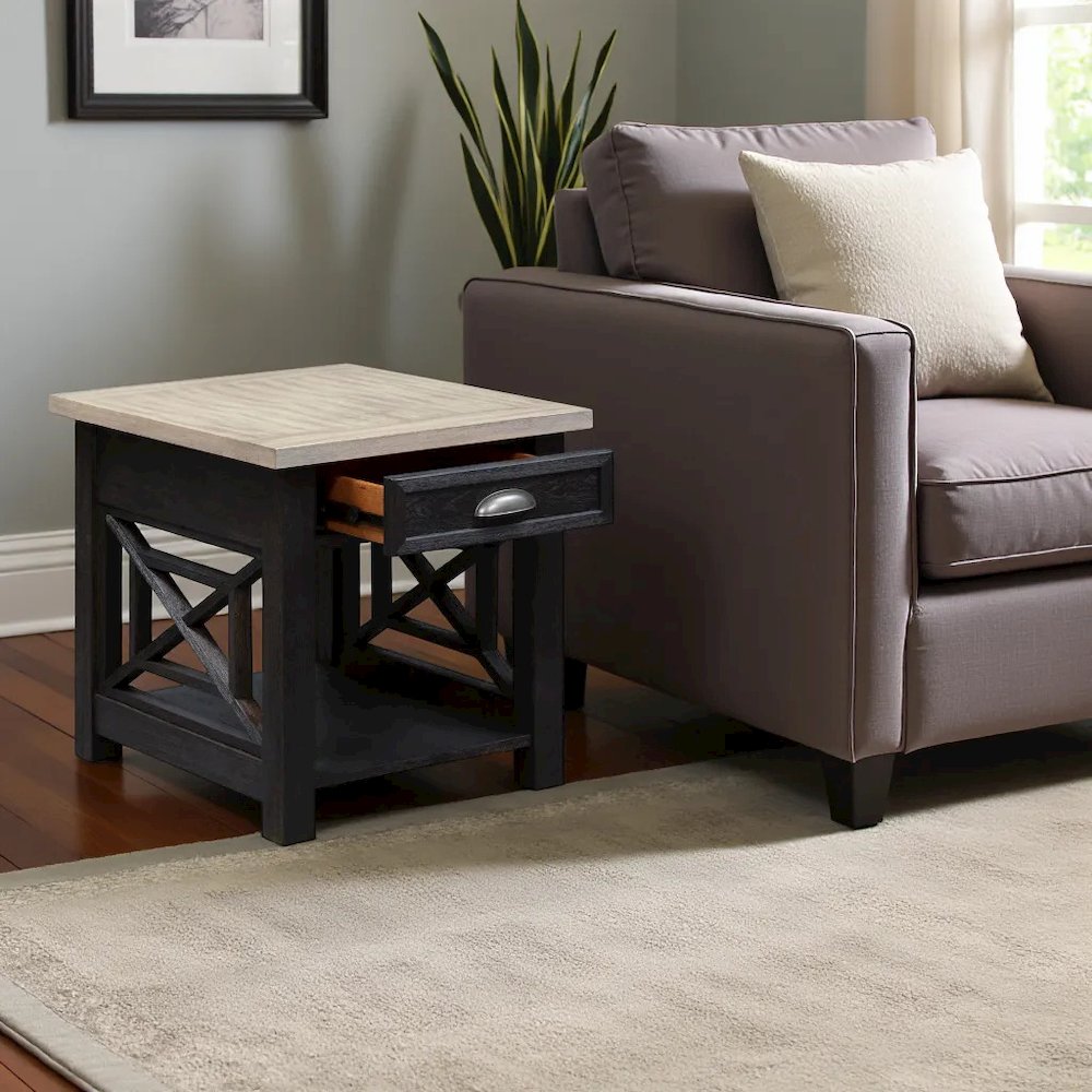 Black Farmhouse End Table – Square Side Table for Living Room with Drawer