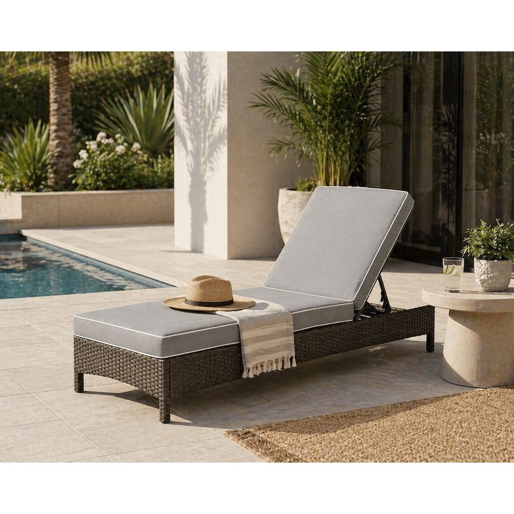 Gray/Brown Outdoor Wicker Chaise Lounge with Weather-Resistant Frame