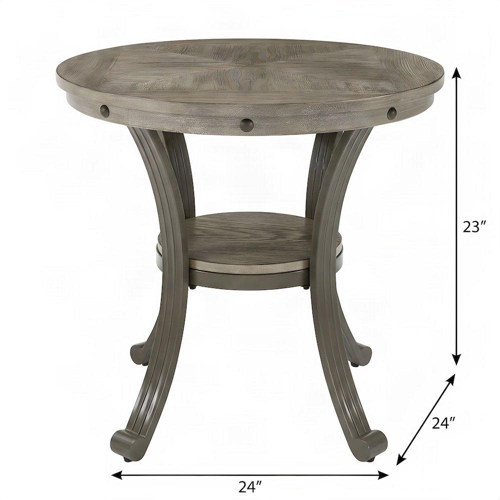 Round Metal-Frame End Table with MDF Top and Lower Shelf, Side, Pewter Grey