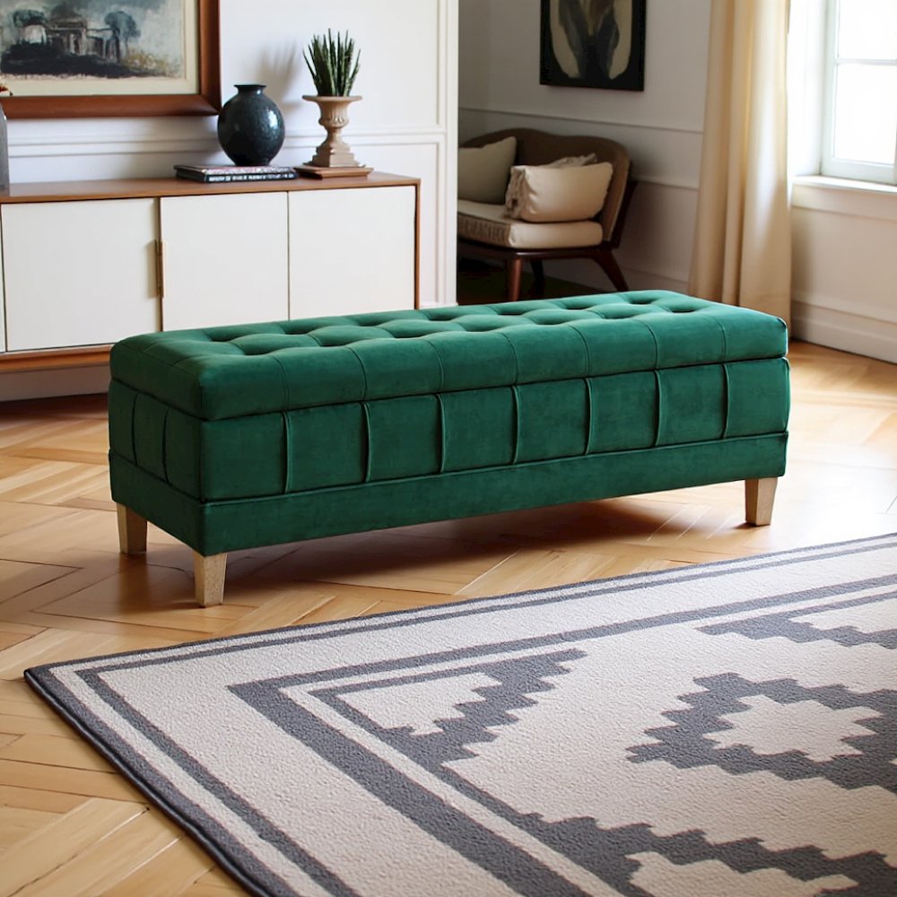 Green Tufted Storage Ottoman Bench with Rubberwood Frame for Entryway