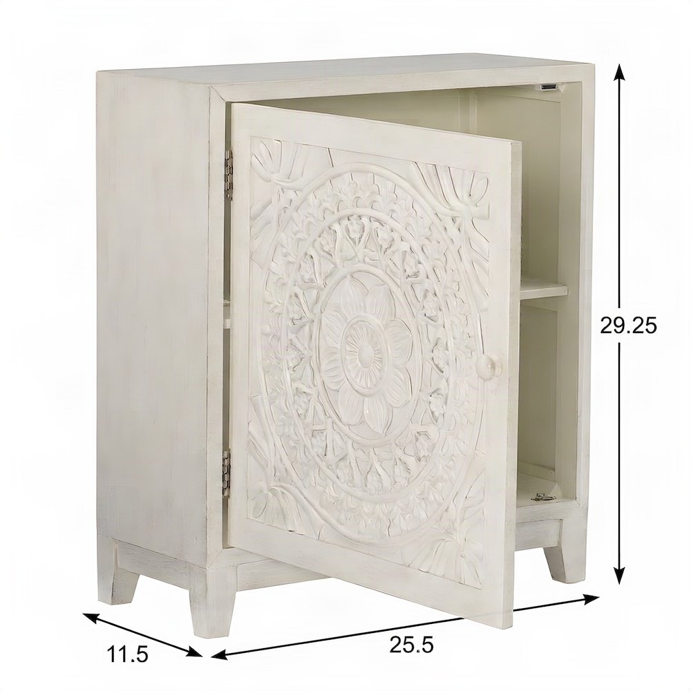 Carved Mandala Buffet Cabinet with Fixed Shelf and Magnetic Latch, White
