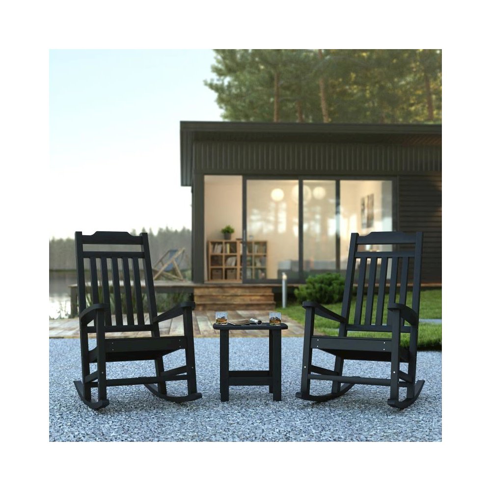 Set of 2 All-Weather Poly Resin Rocking Chairs with Accent Side Table in Black