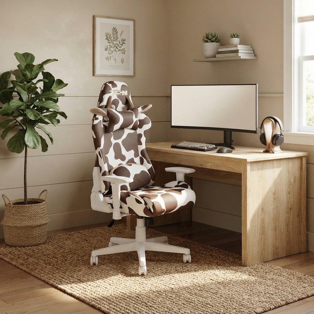 Bison Office Gaming Chair with Memory Foam Seat and Cow Headrest, Brown