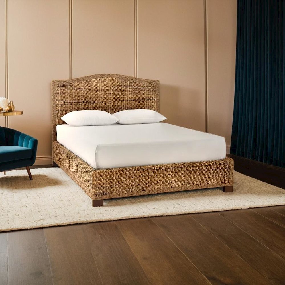 Charming Queen Bed Frame with Arched Headboard and Natural Brown Finish
