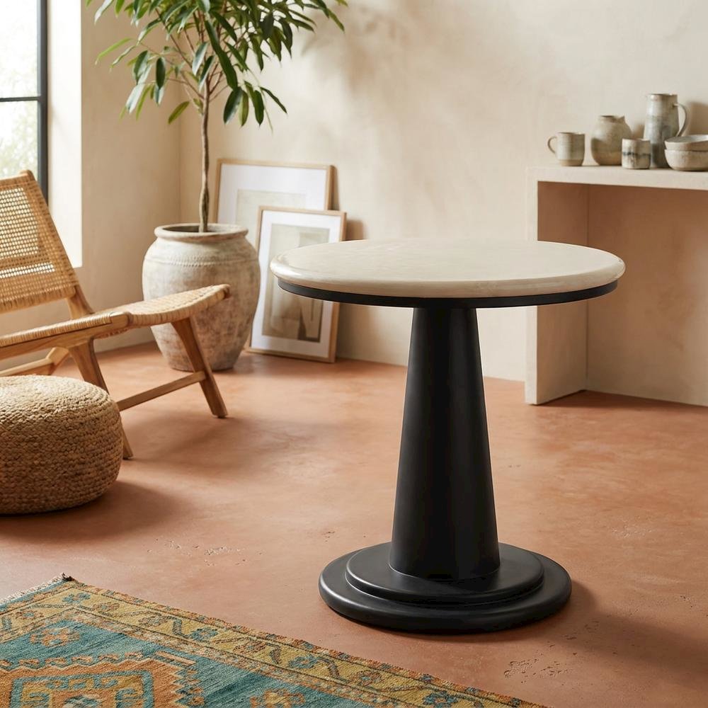 Concrete Outdoor Cafe Dining Table with Hand-Painted Tile-Look Top, Patio