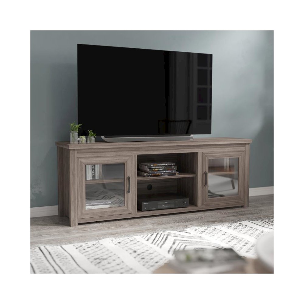 Classic TV Stand up to 80" TVs - Gray Wash Oak Finish with Full Glass Doors - 65" Engineered Wood Frame - 3 Shelves