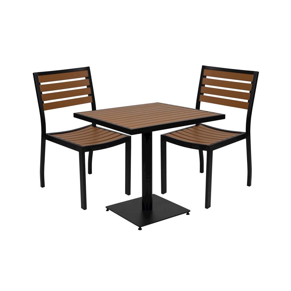 Outdoor Patio Bistro Dining Table Set with 2 Chairs and Faux Teak Poly Slats