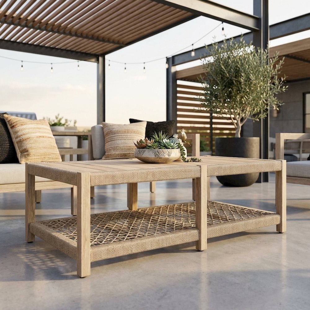 Beige Outdoor Coffee Table with Solid Teak Wood Frame, Polyolefin Rope Top Shelf