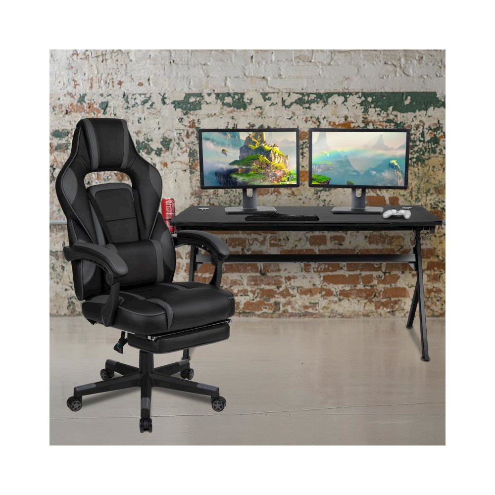 Gaming Desk with Cup Holder/Headphone Hook/Removable Mousepad Top & Black Reclining Back/Arms Gaming Chair with Footrest