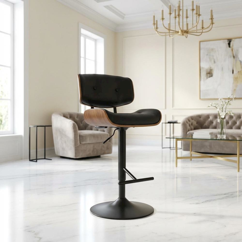 Mid-Century Modern Adjustable Barstool in Walnut with Black Faux Leather