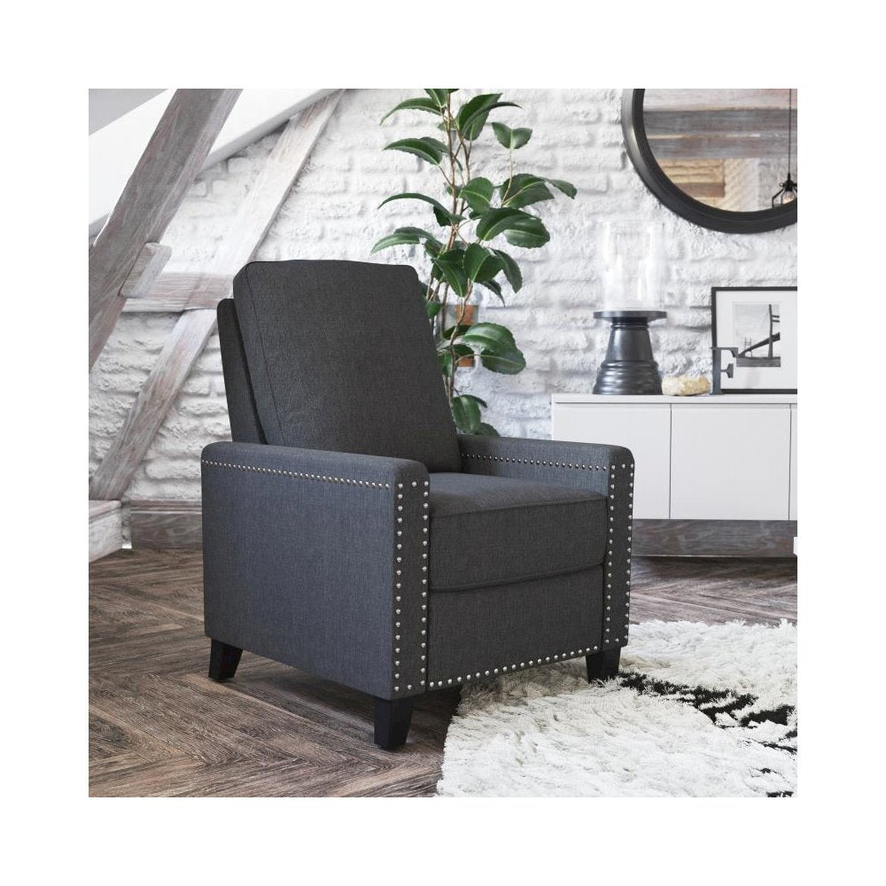 Transitional Style Push Back Recliner Chair - Pillow Back Recliner - Gray Fabric Upholstery - Accent Nail Trim