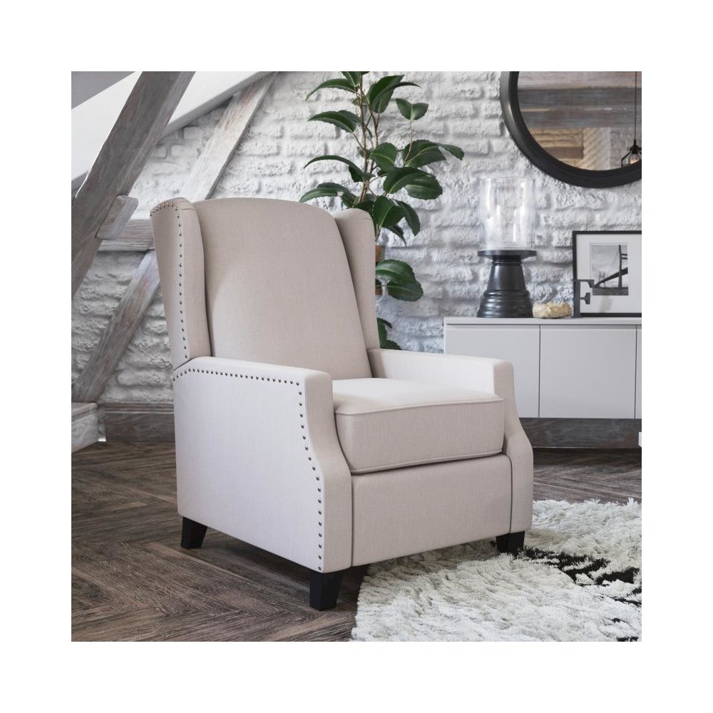 Traditional Style Slim Push Back Recliner Chair-Wingback Recliner with Cream Fabric Upholstery-Accent Nail Trim