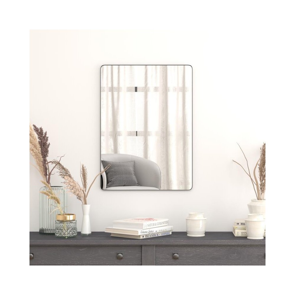 22" x 30" Decorative Wall Mirror - Rounded Corners, Bathroom & Living Room Glass Mirror Hangs Horizontal Or Vertical, Black