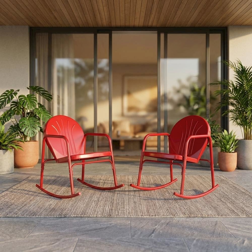 Bright Red Gloss Rocking Chair Set with Comfortable Armrests and Durable Build