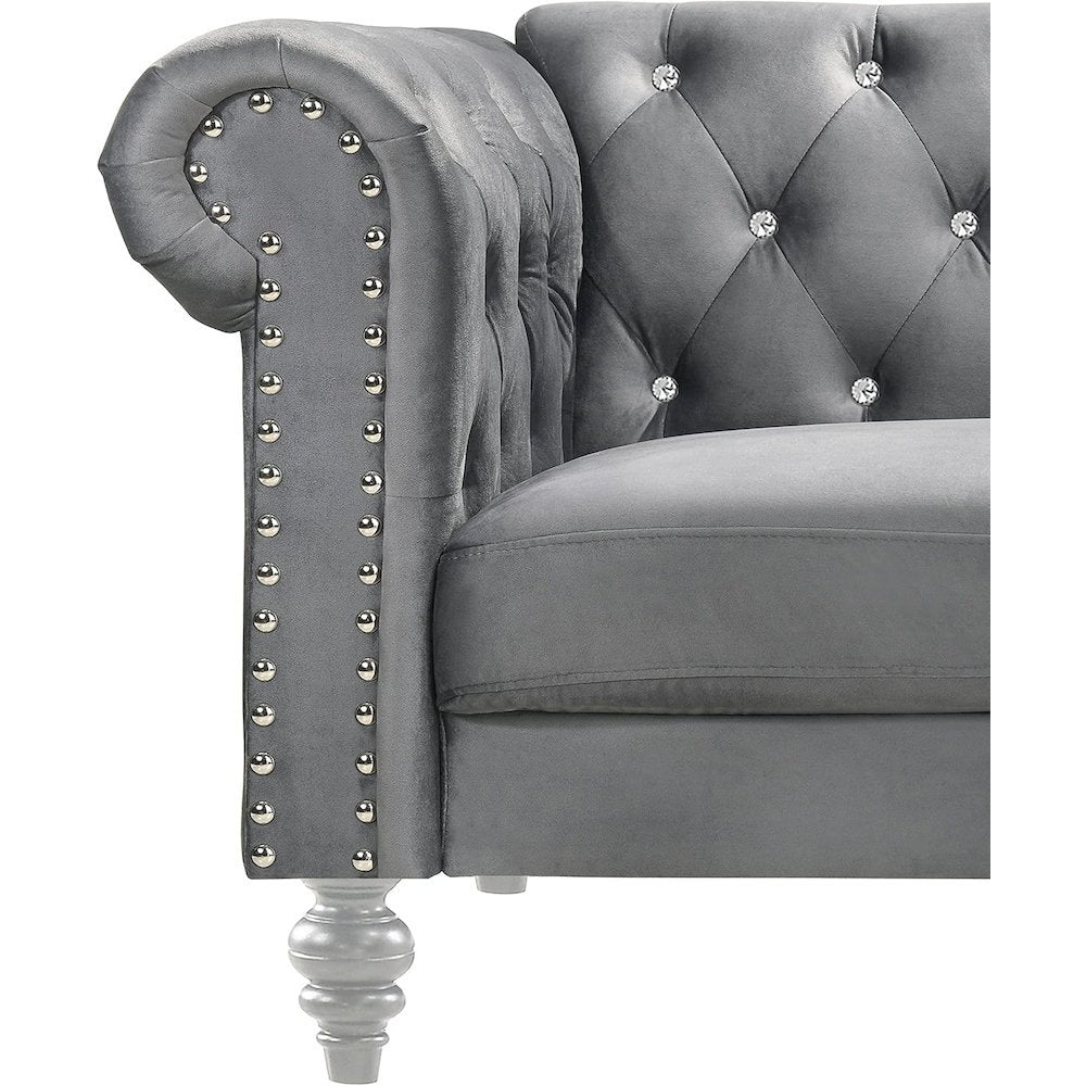 Velvet Fabric Sofa with Rolled Arms in Gray, Elegant Living Room Seating
