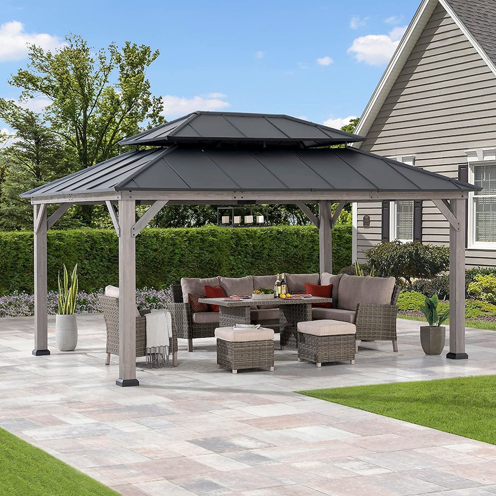 Sunjoy 12x16 ft. Wood Outdoor Patio Steel Hardtop Gazebo