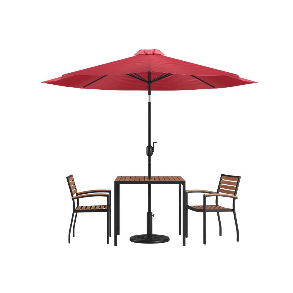 5 Piece Outdoor Patio Table Set with 2 Synthetic Teak Stackable Chairs, 35" Square Table, Red Umbrella & Base