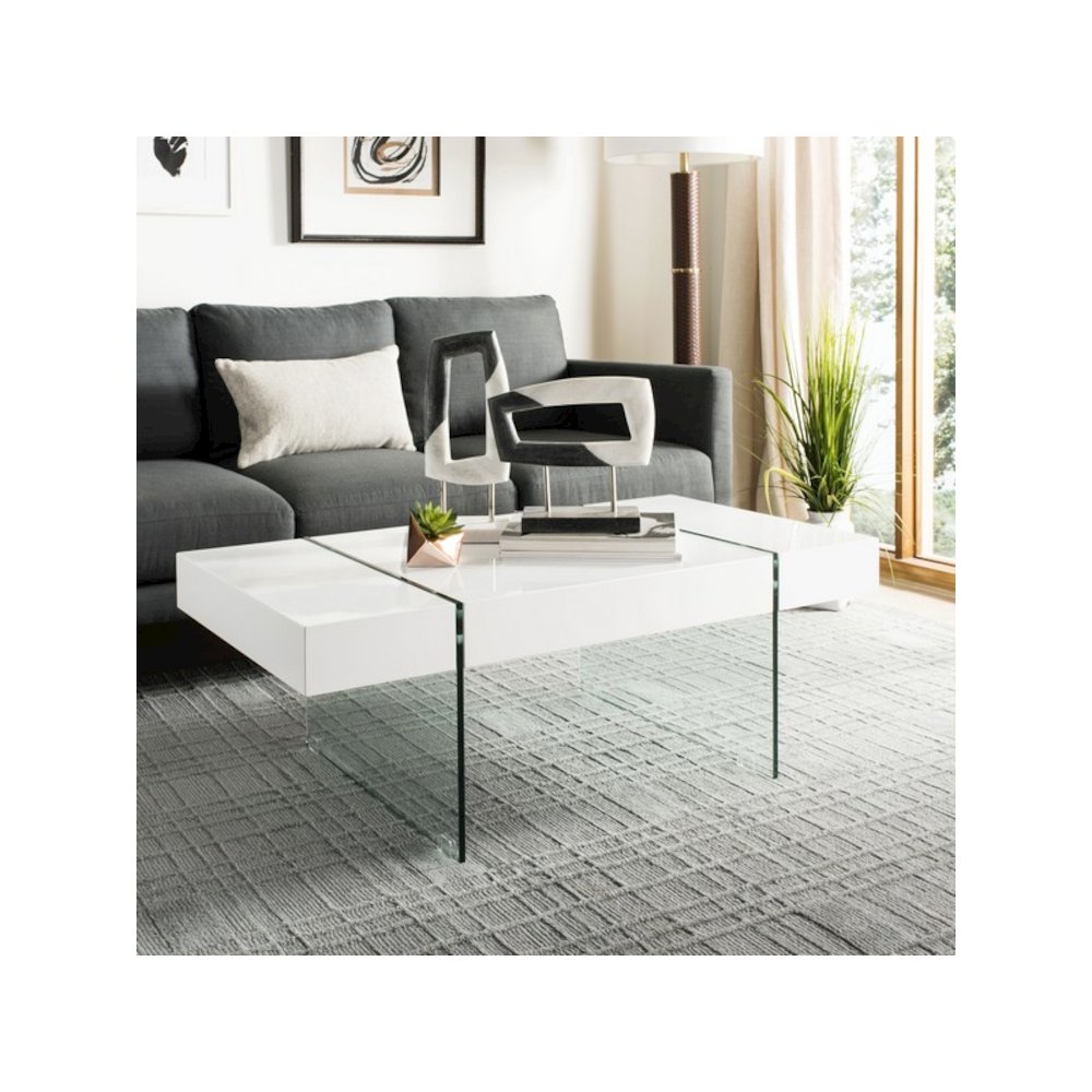 Jacob Rectangular Glass Leg Modern Coffee Table, White/Glass Legs