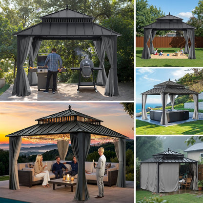 12 ft x 12 ft Aluminum Frame Steel Double Roof Hardtop Rectangular Gazebo