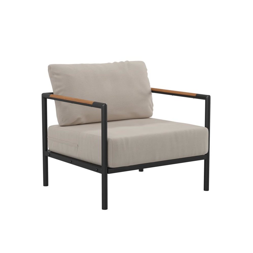Indoor/Outdoor Patio Chair with Cushions - Modern Aluminum Framed Chair with Teak Accented Arms, Black with Beige Cushions