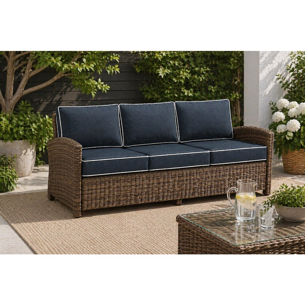 Navy and Weathered Brown Wicker Outdoor Sofa Set with Cushioned Seating