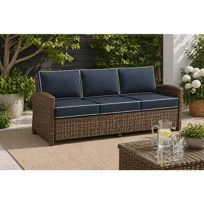 Navy and Weathered Brown Wicker Outdoor Sofa Set with Cushioned Seating